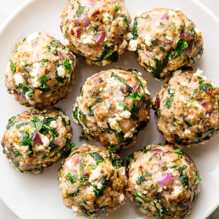 A beautiful plate of Spinach Feta Turkey Meatballs, seasoned with herbs, the perfect protein packed meal.