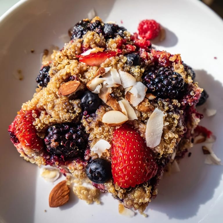 A close-up of a freshly baked Berry Quinoa Breakfast Bake, showing the fluffy texture and vibrant berries.