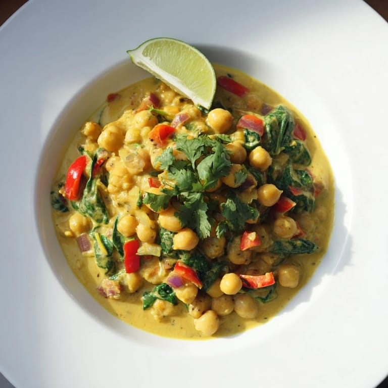Savory aromas arise from the bubbling Chickpea Curry, a colorful mix of spices and vegetables ready to serve.