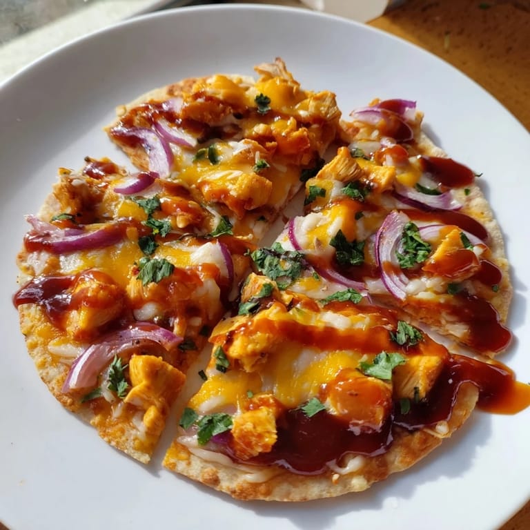 Mouthwatering, cooked BBQ Chicken Flatbread, ready to slice and perfect for sharing with friends.