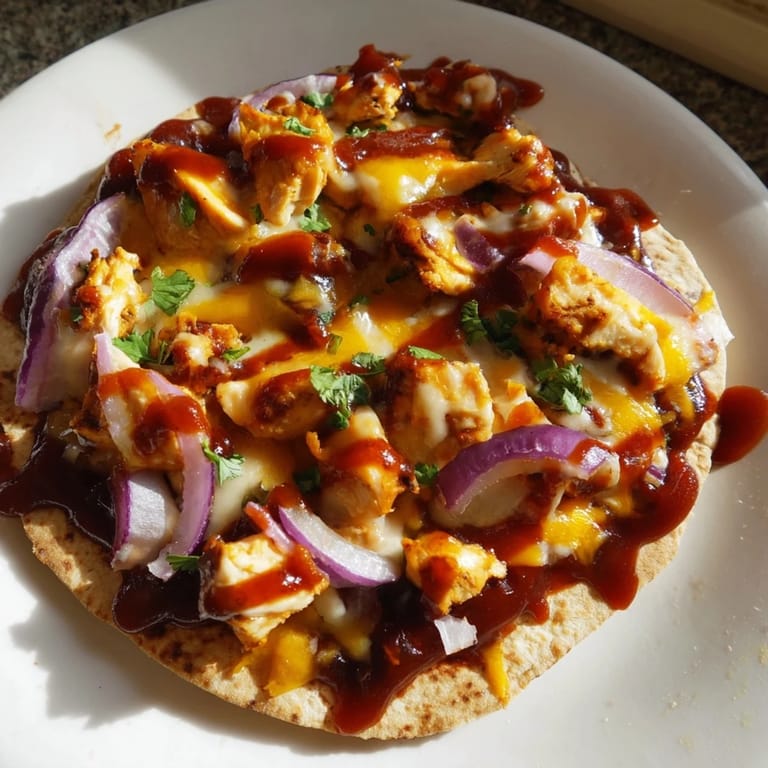 Enjoy a close-up of a golden BBQ Chicken Flatbread, perfect for a quick, satisfying meal.