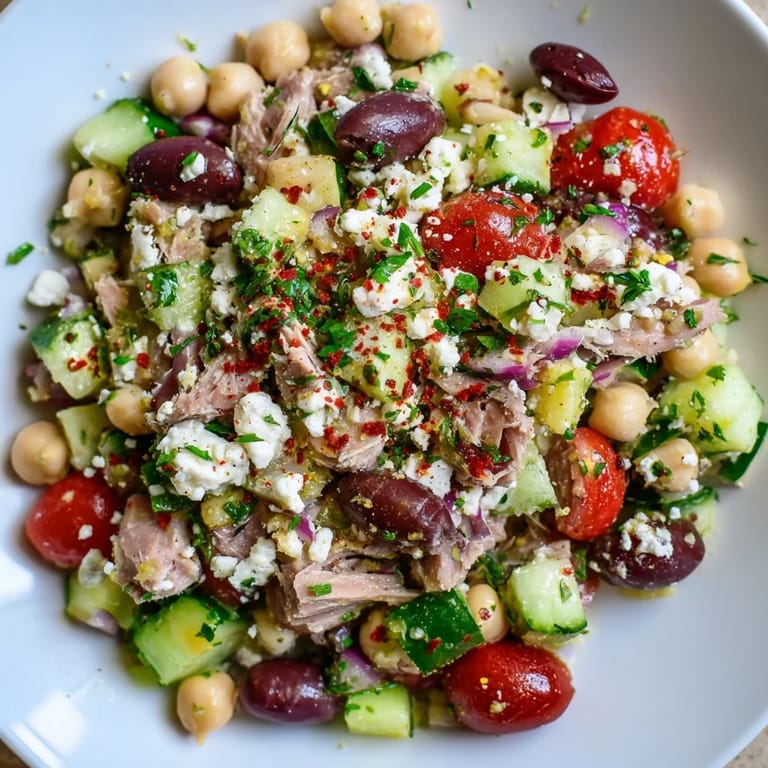 A close-up view of the delicious Tuna Chickpea Salad before you, perfect for a quick and healthy lunch.