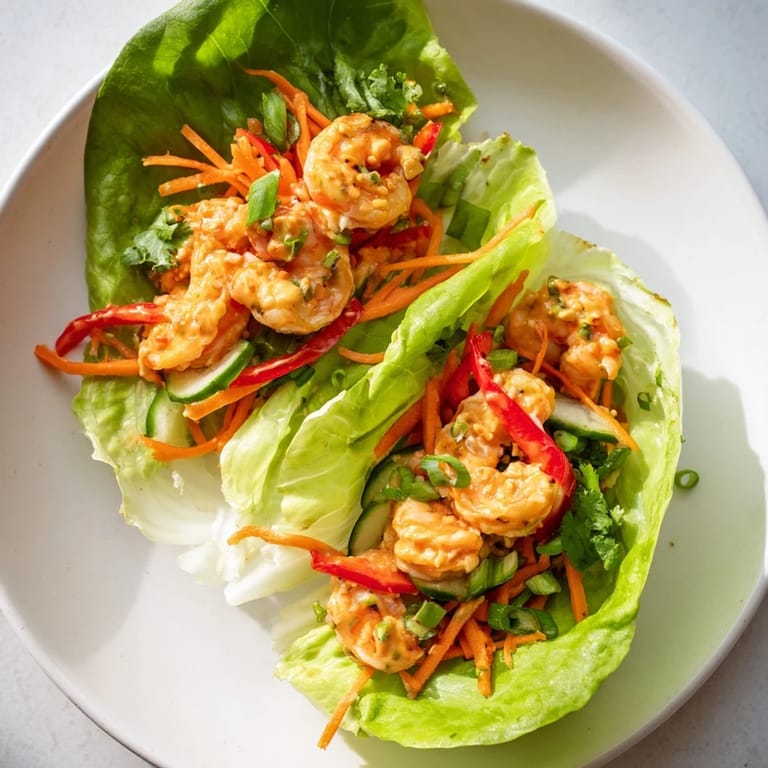 Vibrant overhead shot showcases fresh, cooked shrimp lettuce cups on a platter, ready to be enjoyed.