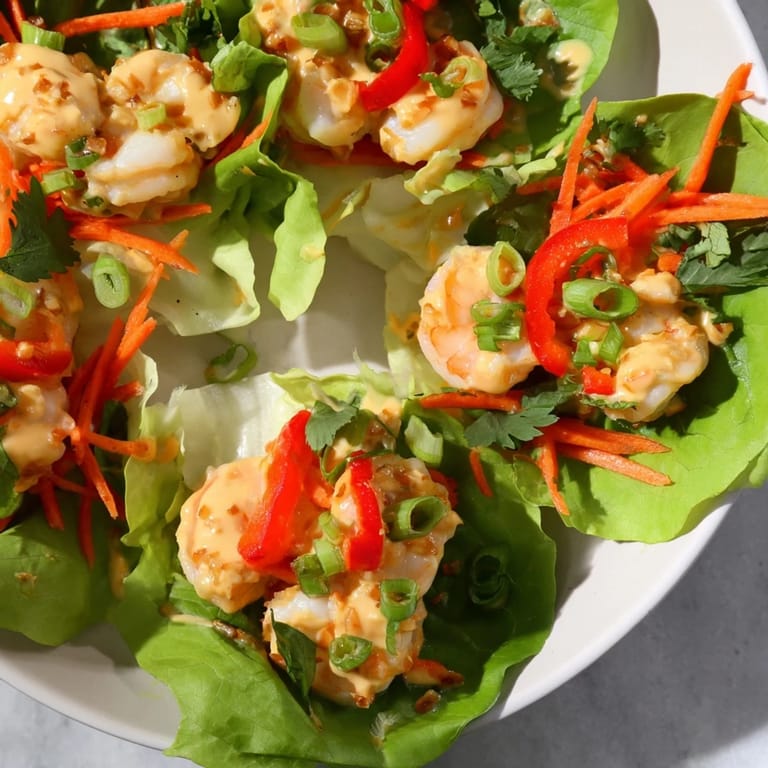 Close-up of elegantly arranged shrimp lettuce cups bursting with flavors, perfect for a light meal.