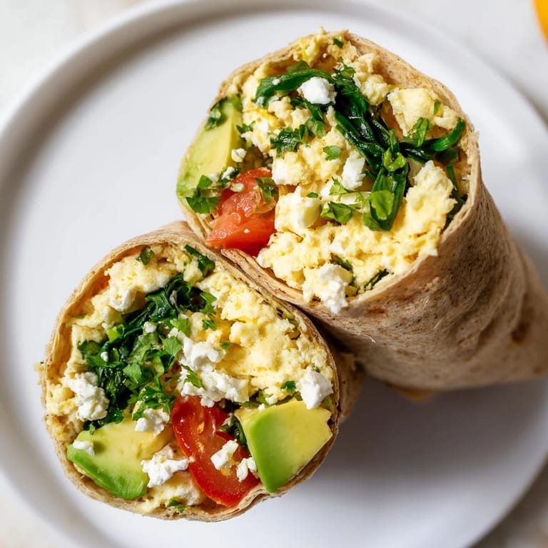 Freshly made feta egg wrap, showcasing creamy scrambled eggs dotted with crumbled feta and vibrant vegetables.