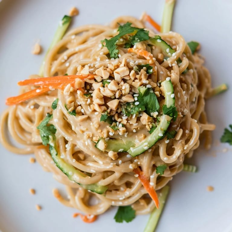 Flavorful cold sesame noodles, with a drizzle of sauce and fresh herbs for added aroma and taste.