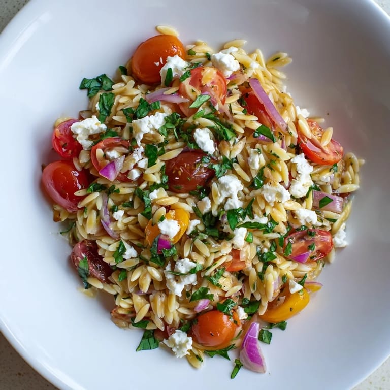 Mediterranean flavors shine in this homemade Tomato Feta Orzo, perfect as a light vegetarian meal option.