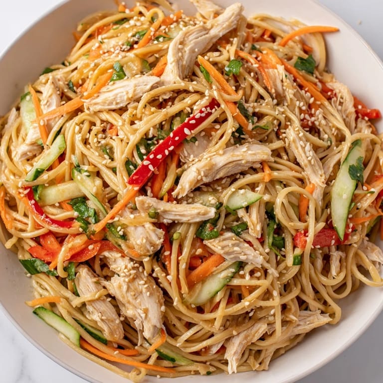 A chilled bowl of Asian-inspired Chilled Chicken Noodle Salad, garnished with sesame seeds, ready to serve and enjoy.