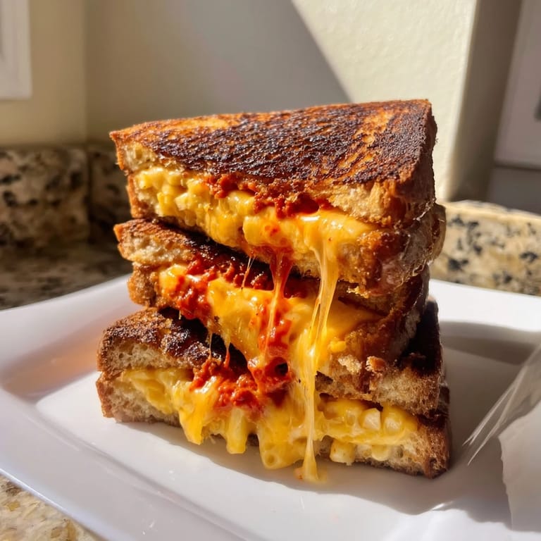 Crispy sourdough Spiked Grilled Cheese reveals gooey cheese and a creamy, spicy sriracha mayo swirl.