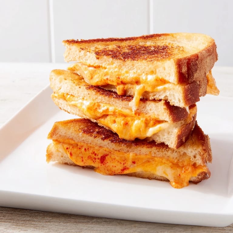 Warm, cheesy Spiked Grilled Cheese ready to slice, with a spicy sriracha mayo glaze, ideal lunch.