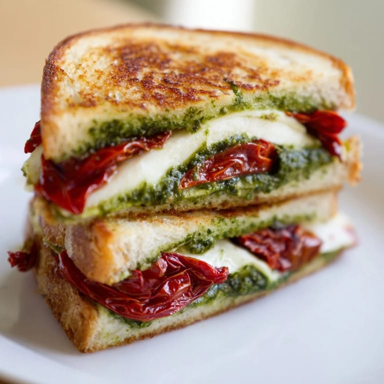 Crispy sourdough bread embraces the creamy pesto and cheese in this flavorful Pesto Grilled Cheese sandwich.