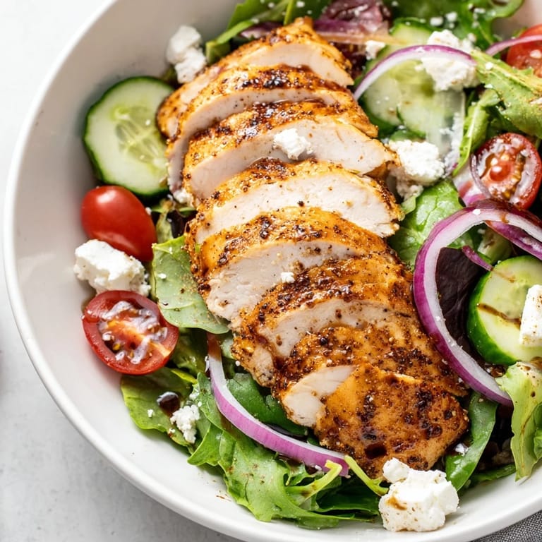 Warm, juicy chicken from the Quick Pan-Seared Chicken Salad rests on crisp salad, ready to enjoy.