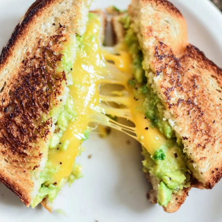 Sizzling close-up of Avocado Toast Grilled Cheese: golden, bubbly cheese oozing from toasted bread.