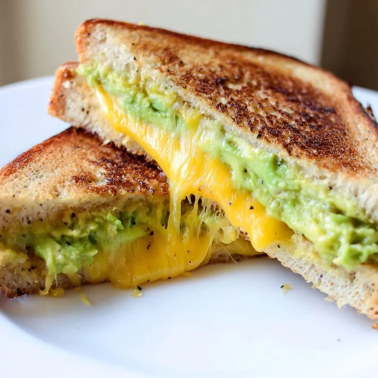 Enjoy a warm Avocado Toast Grilled Cheese, a vegetarian delight with fresh avocado and melted cheese.