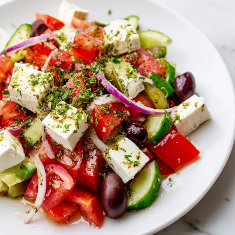 A close-up of a flavorful Mediterranean salad with Kalamata olives and red onion, tossed with dressing.