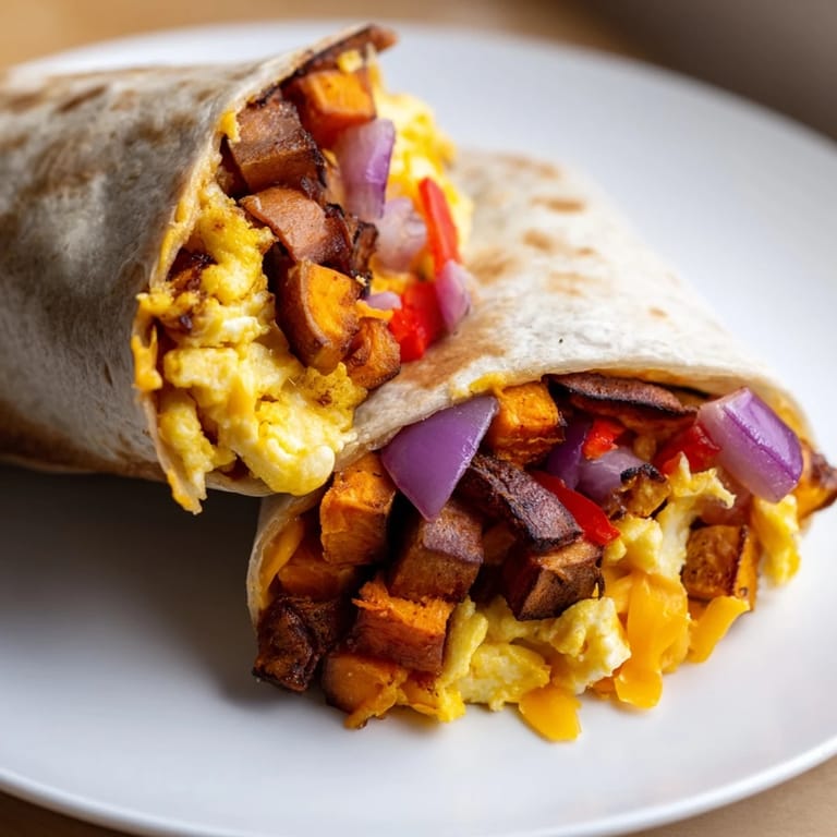 A close-up shot of a delicious Sweet Potato Breakfast Burrito, perfectly wrapped and ready to eat.