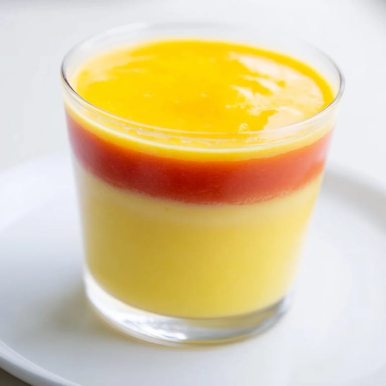 This refreshing, layered Tropical Sunset Smoothie presents a colorful blend, a tasty and healthy beverage.