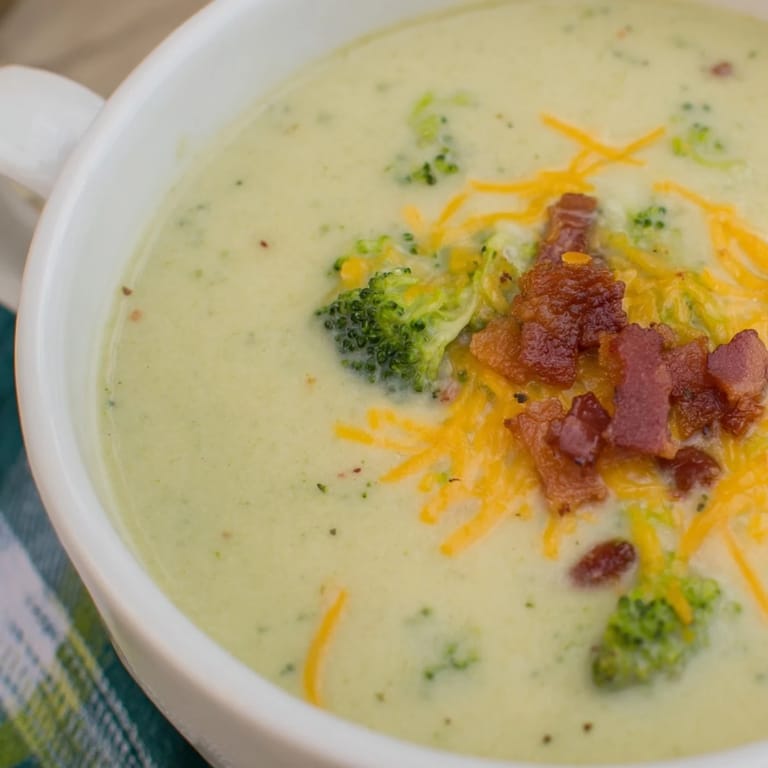 Beautiful, thick Broccoli Cheddar Soup with melted cheese, perfect for dipping crusty bread in.