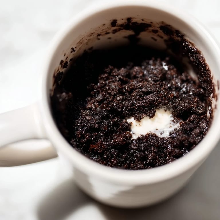 A warm, freshly baked Oreo mug cake, soft and fluffy, ready to be enjoyed straight from the mug.