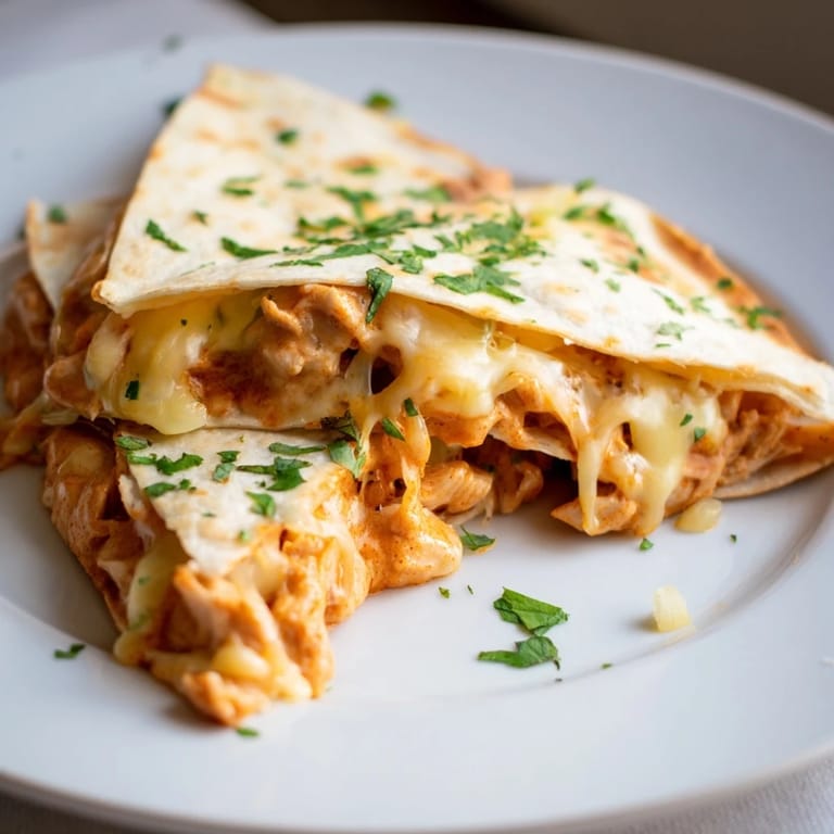 A close-up view of butter chicken quesadillas, showing the melty cheese and spicy chicken filling.