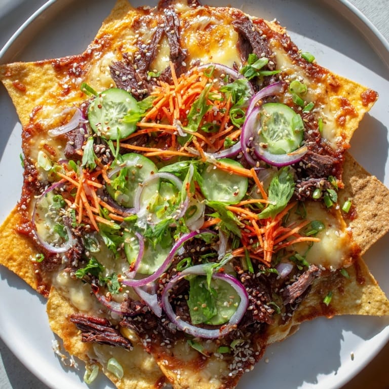 A close-up of a loaded platter of Korean BBQ nachos with a scattering of sesame seeds and sliced chili.