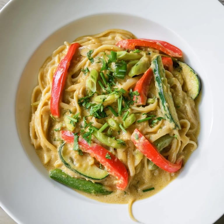 A steaming bowl of Thai Curry Pasta, with fresh cilantro and a rich, coconut-infused curry.