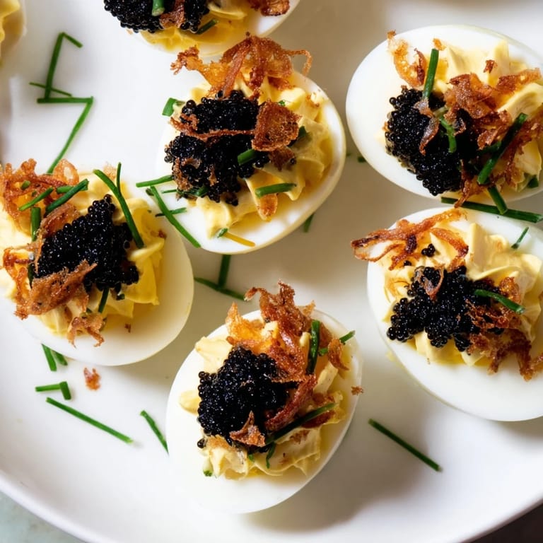 Elegant deviled eggs showcasing rich caviar atop creamy filling and crunchy shallots, a delectable bite.