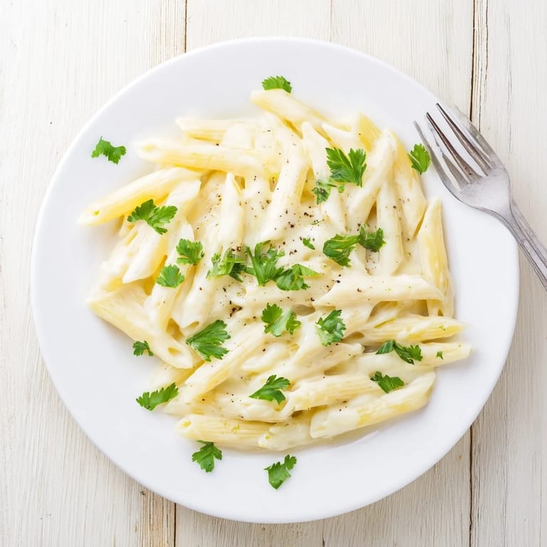 Steam rises from Creamy Milk Pasta One-Pot, showing tender penne in a thick, creamy sauce on a rustic kitchen table.