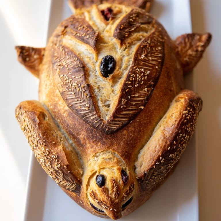 Golden-brown turkey-shaped artisan sourdough loaf on a rustic tablecloth, showcasing detailed feather scoring and a festive holiday centerpiece for family gatherings.