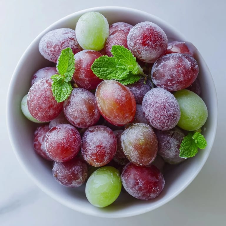A hand holding a cluster of frozen grapes spa treat, ready to be enjoyed as a refreshing, cooling snack.