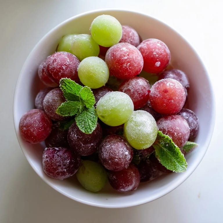 A close-up of frozen grapes spa treat on a white plate, showcasing their icy texture and vibrant red hues.