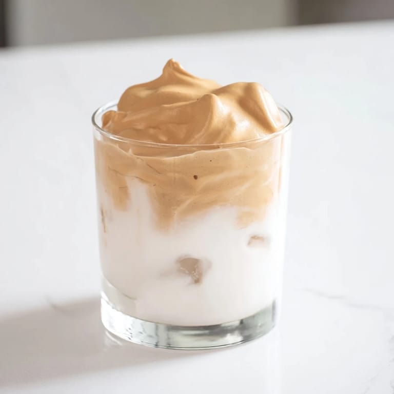 A creamy cloud of whipped dalgona coffee crowns iced milk in a clear glass, perfect for a quick homemade coffee break.  