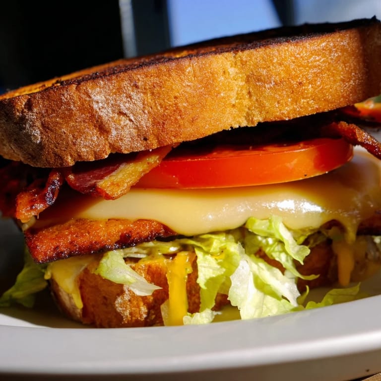 Hot Vegan Bacon BLT Grilled Cheese oozes melty cheese, with smoky tempeh and fresh lettuce and tomato.