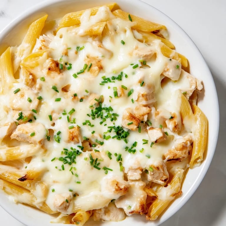 Fresh chives garnish the hot Chicken Ranch Pasta Bake fresh from the oven, showing a golden-brown, cheesy crust ready to serve.