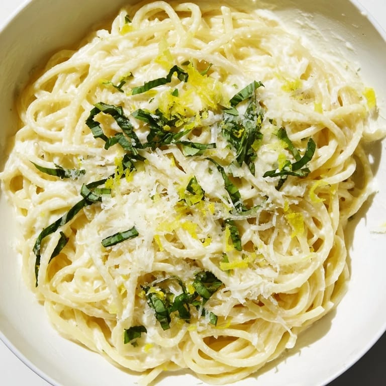 A close-up of lemon ricotta pasta with ricotta sauce clinging to each spaghetti strand, fresh herbs, and a lemon wedge.