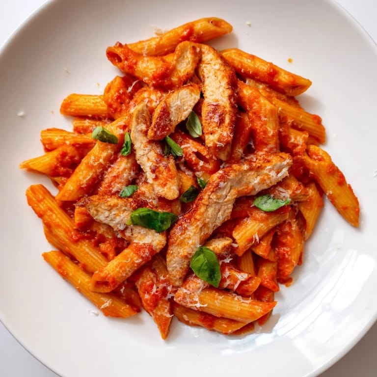 A close-up of Spicy Tomato Chicken Pasta with vibrant red sauce, fresh basil, and melted Parmesan, perfect for an easy weeknight meal.