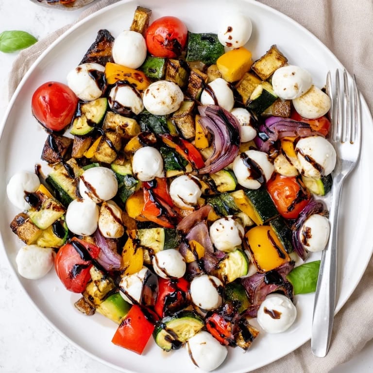 This Roasted Veggie Caprese Salad features tender, caramelized vegetables tossed with mozzarella pearls and a tangy balsamic glaze on a bright serving platter.