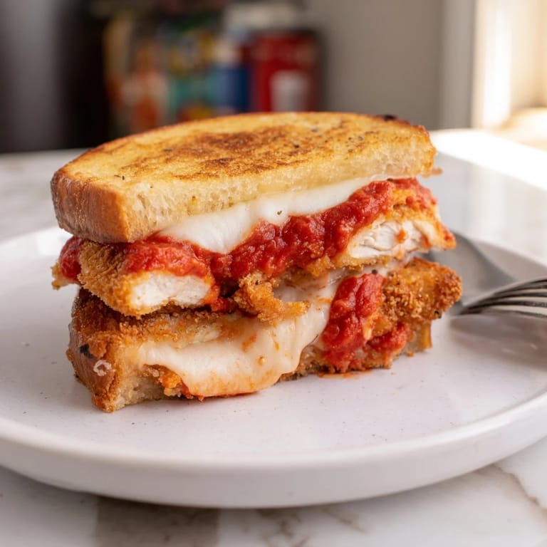 Golden-brown chicken Parm grilled cheese, sliced to reveal tender chicken and melted mozzarella, served with a side of marinara.