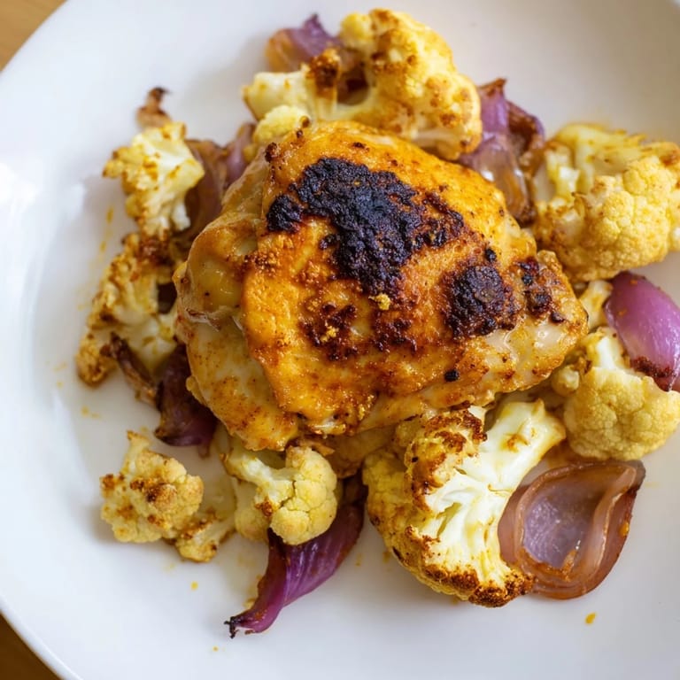 A single pan meal of seasoned chicken thighs and roasted cauliflower florets garnished with parsley and lemon.