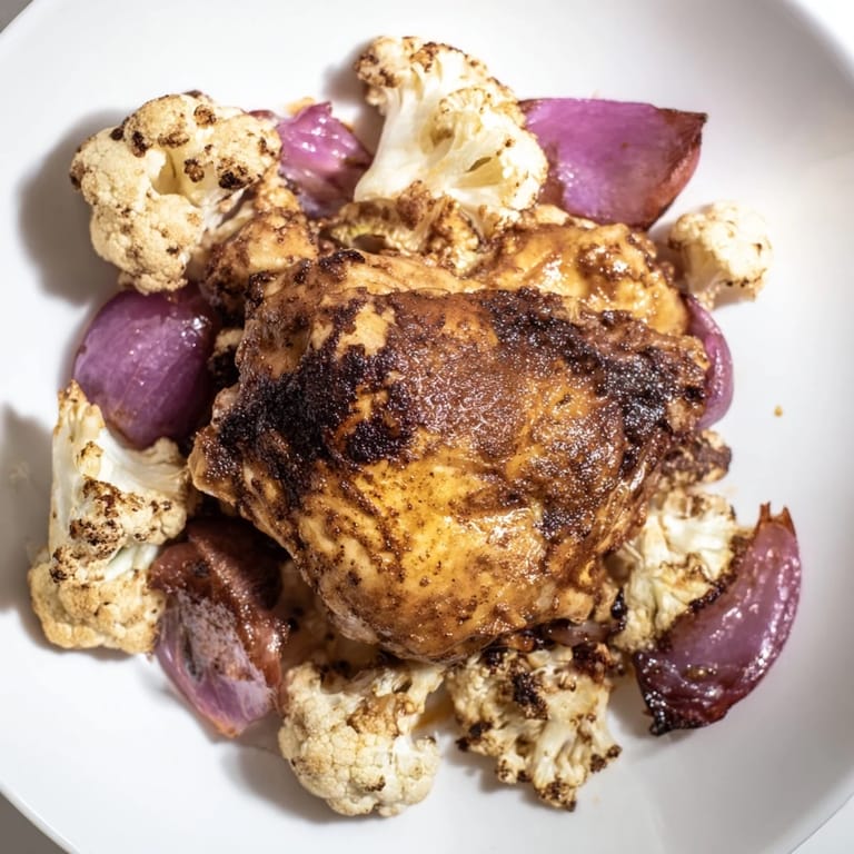 Roasted Cauliflower Chicken Sheet Pan served over jasmine rice with vibrant red onions and smoked paprika spices.
