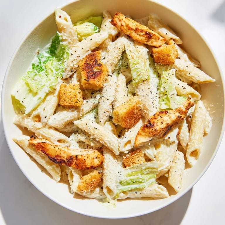 Tossing a Caesar Pasta Chicken Bowl with fresh romaine, Parmesan, and warm grilled chicken strips for a satisfying meal.