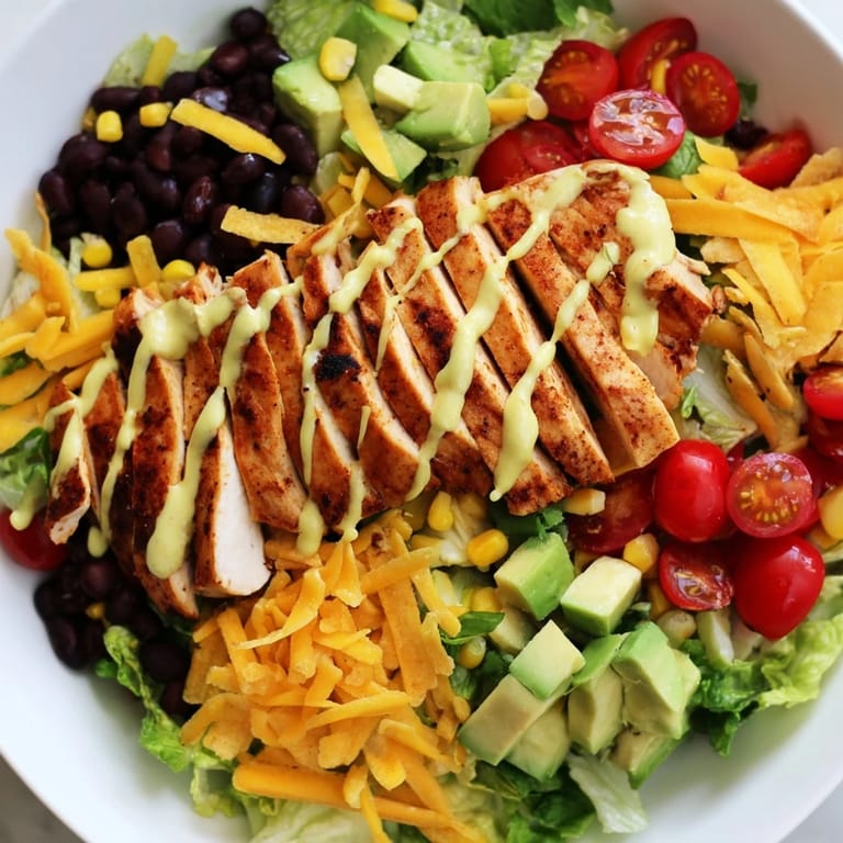 Overhead view of Crunchy Taco Chicken Salad, featuring four servings arranged with crushed taco shells, green onions, and a lime wedge garnish.