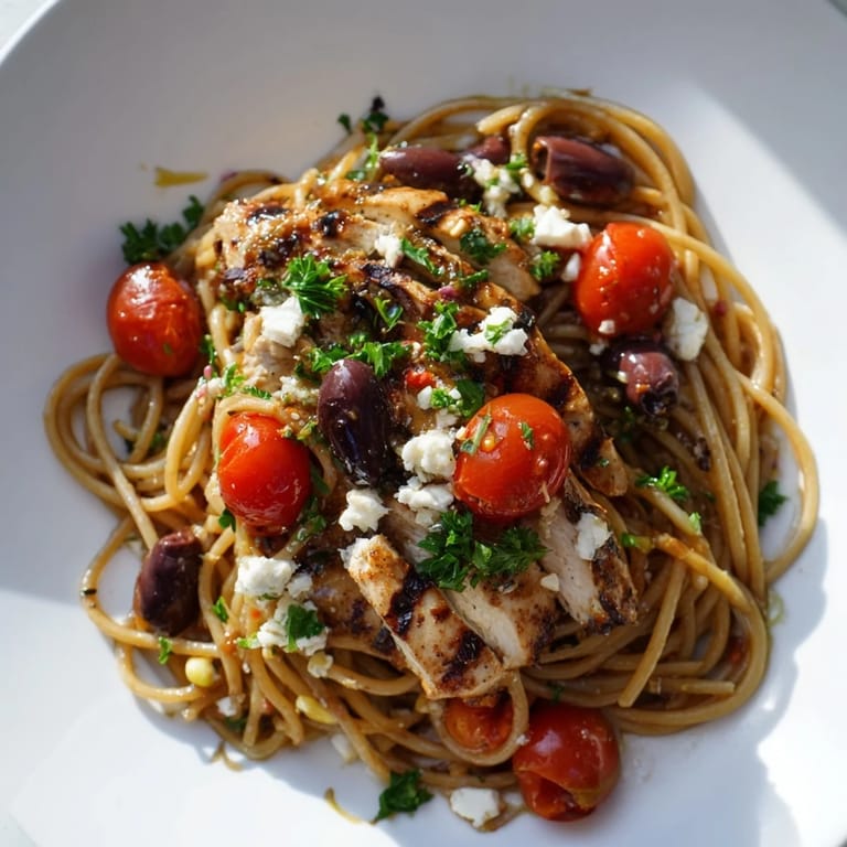 Serving suggestion for Greek Chicken Spaghetti: a warm bowl garnished with extra olives and feta, ready to enjoy with a crisp glass of white wine.