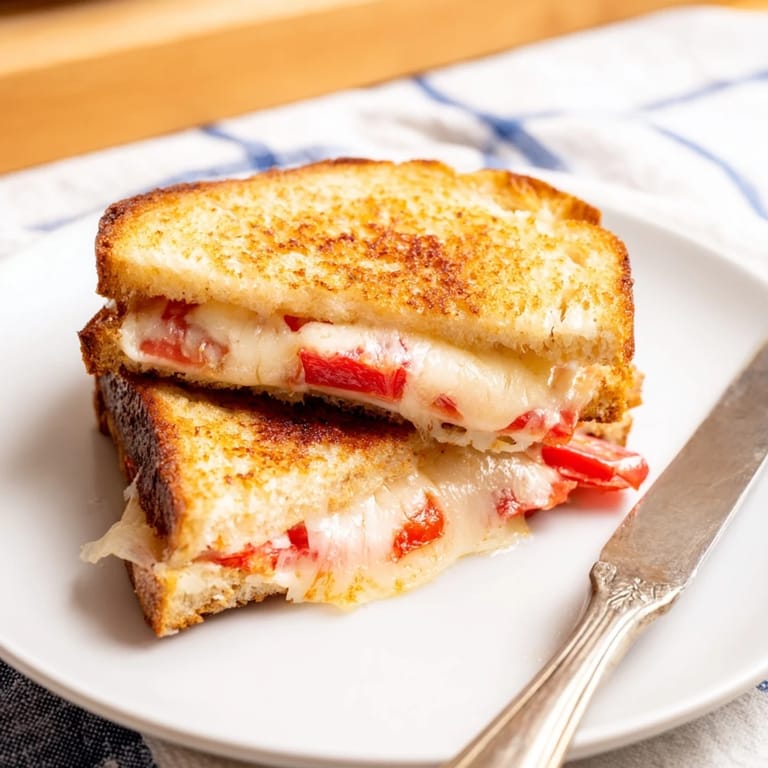 Buttery, crispy Pepper Jack & Tomato Grilled Cheese stacked high with melted cheese and fresh tomatoes, paired with a steaming bowl of tomato soup.  