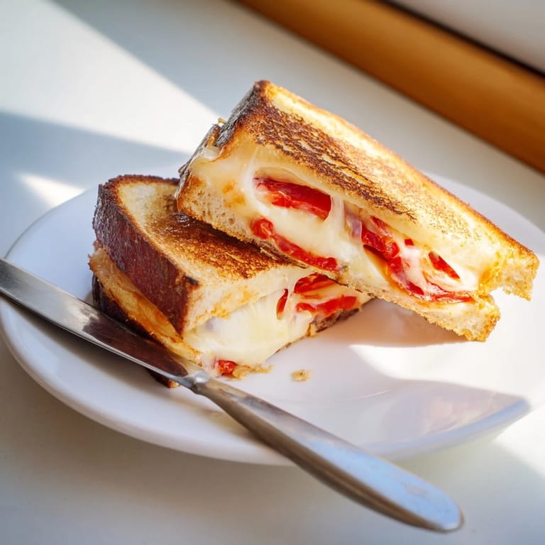 Toasted Pepper Jack & Tomato Grilled Cheese halves with gooey pepper jack cheese and juicy tomato slices, garnished with fresh black pepper.