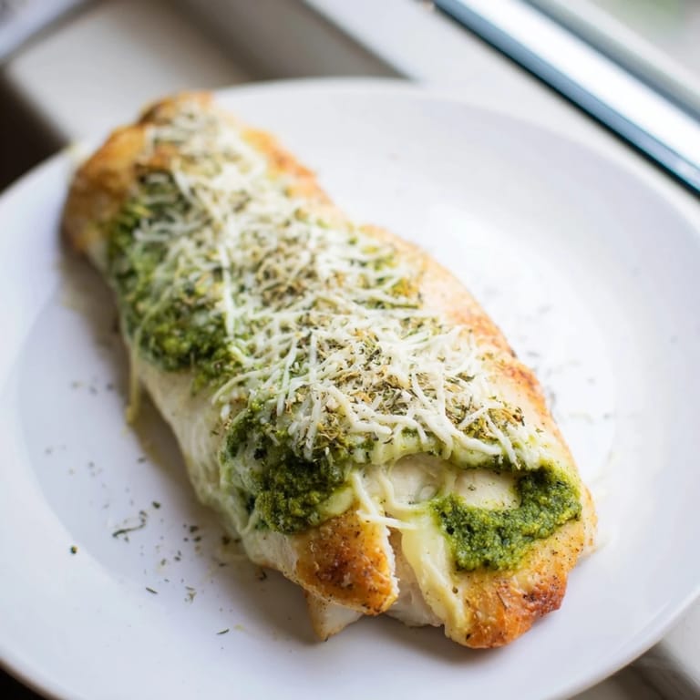 Sliced mozzarella & pesto stuffed chicken reveals vibrant green pesto and gooey cheese on a plate.