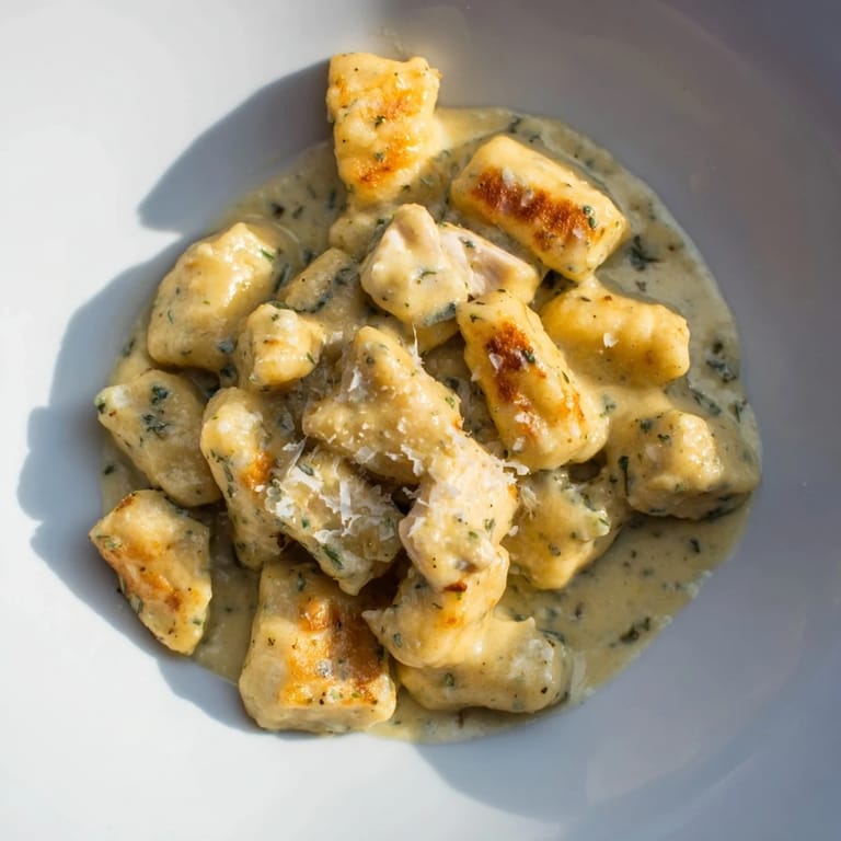 A close-up of creamy pesto gnocchi with golden pan-crisped chicken, showcasing a velvety herb sauce and a simple weeknight meal.  