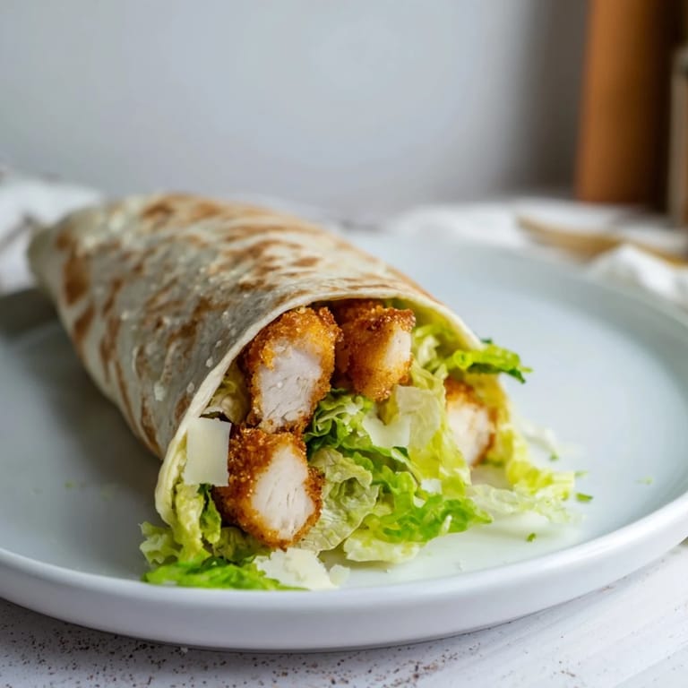 Overhead view of a Crispy Chicken Caesar Wrap sliced in half, showing layers of crunchy lettuce, juicy chicken, and rich Caesar sauce.  
