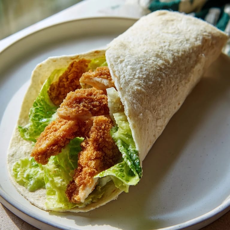 A freshly assembled Crispy Chicken Caesar Wrap on a wooden board, garnished with lemon wedges and extra Parmesan for a delicious lunch.