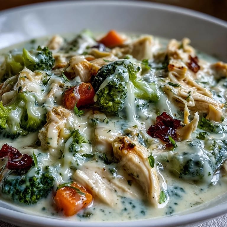Creamy Chicken Broccoli Cheddar Soup served hot, with tender chicken and vibrant broccoli florets in a rich broth.